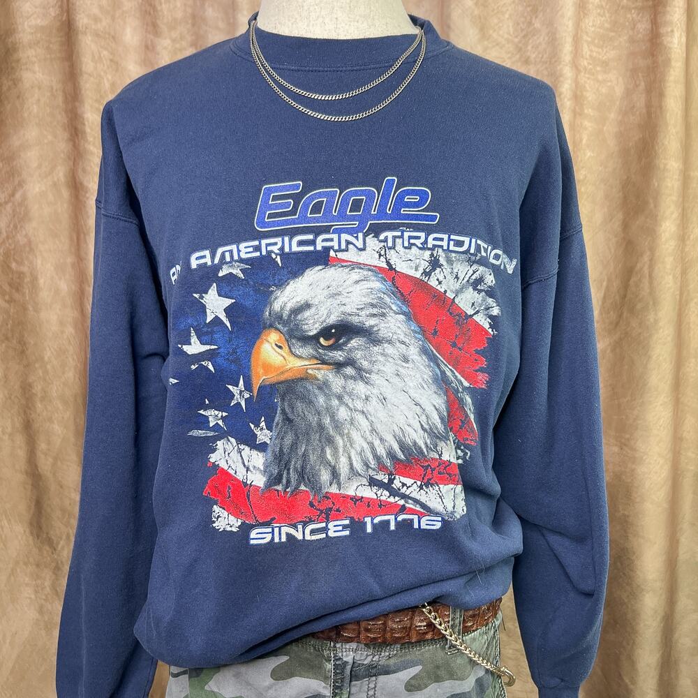 Vintage 90s Eagle Sweatshirt American Tradition Crewneck Navy USA Flag Animal